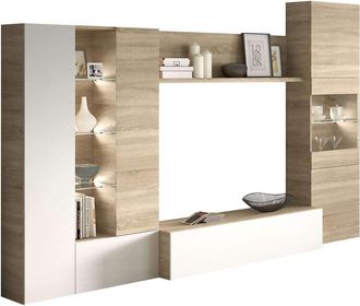 F.R.S. Frs - Mueble Salon Macael En Roble Canadian Y Blanco Brillo Con Led 185 Cm(alto)260 Cm(ancho)42 Cm(largo)