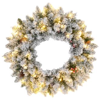 HOMCOM 60cm Flocked Christmas Wreath with Lights Pine Cones Red Berries Green | TJ Hughes