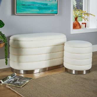 Home Source Industries Set 2 Storage Ottoman Boucle Teddy Fur Footstool Bedroom Bench Storage in White | Size: 2 Pack