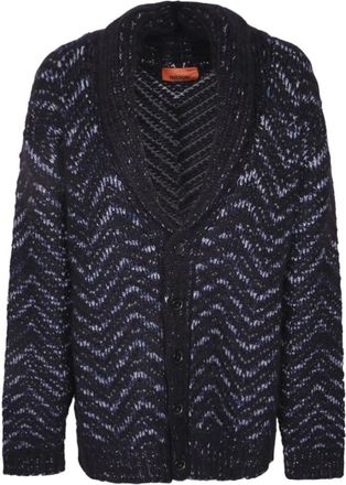 Missoni Gebreide Cardigan met Knopen en Visgraatpatroon - Heren - Vesten - Blauw - XL - Wol - Truien & Vesten