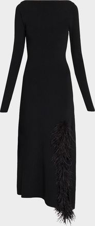 Sally Lapointe Feather-Trim Long-Sleeve Matte Viscose Midi Dress