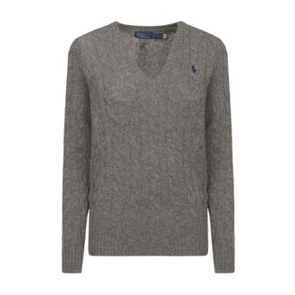 Polo Ralph Lauren V-neck Knitwear, female, Gray, Size: XS Ribbed V-neck Sweater