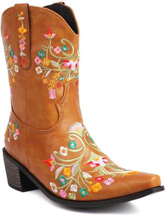 Generic Womens Mid-Calf Cowboy Boots with Embroidery Details, Wide Shaft Pull-On Design for Country Style,Yellow,6.5 UK