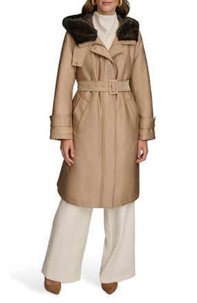 DKNY Faux Fur Trim Puffer Coat in Khaki at Nordstrom, Size X-Large