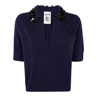 Semicouture V-neck Knitwear, female, Blue, Size: S Blue Cashmere Blend Rhinestone Polo Sweater