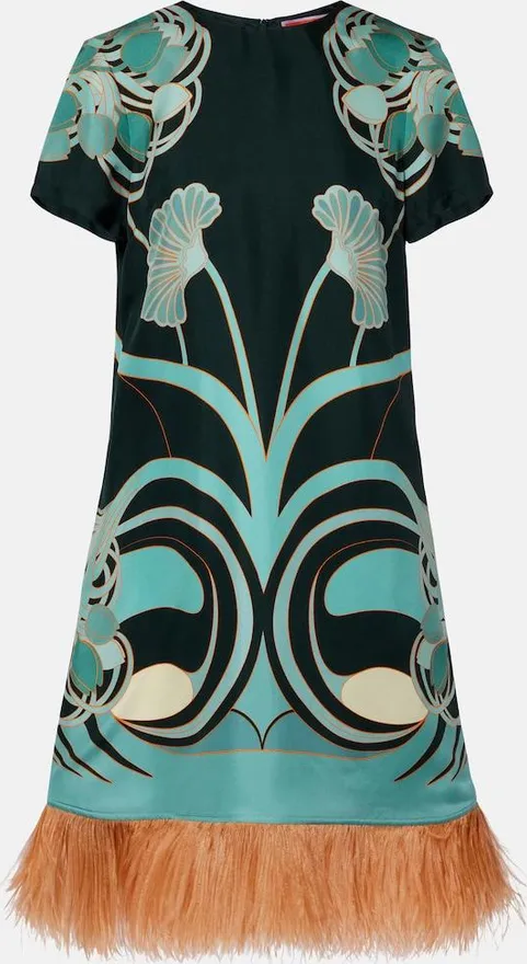 Swing feather-trimmed floral silk twill minidress