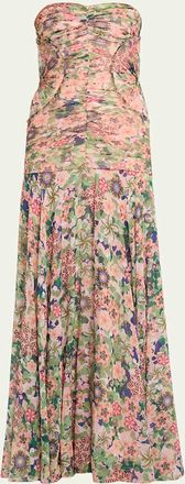 Saloni Kristie Strapless Floral Drop-Waist Gown