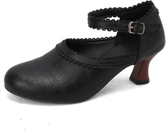 Generic Womens Scalloped Trim Ankle Strap Pumps Round Toe Mid Heels Closed Toe Shoes with Adjustable Buckle Closure PU Leather Upper Cutout Design Comfortable