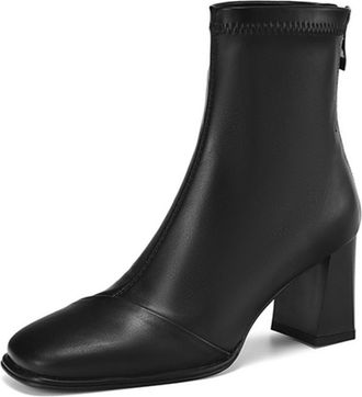 Generic Women Elastic Ankle Boots Square Toe Chunky Block Heels Side Zipper PU Leather Slip On Lightweight Comfortable Durable Non Slip Trendy Fashion Boots,B