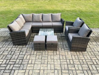 Fimous Rattan Garden Furniture Set Outdoor Lounge Corner Sofa Set With Square Coffee Table 2 Small Footstools Armchair 10 Seater in Dark Grey