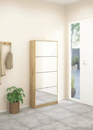 Dmora Zapatero Dmora Con Cuatro Puertas Espejadas Y Doble Fondo, Color Roble, 70,3 X 162 X 24,05 Cm, Con Embalaje Reforzado