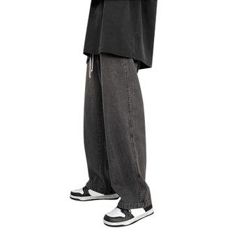 Generic Baggy Jeans Men Mens Casual Retro Jean Hip Hop Wide Leg Lounge Trendy Drawstring Elasticated Waist Baggy Trouser Bottoms Walking Hiking Sweatpants Off