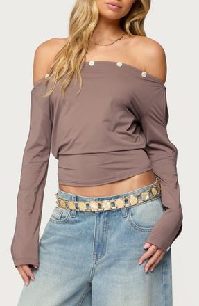 Edikted Ronee Off the Shoulder Cutout Crop Top in Brown at Nordstrom, Size X-Large
