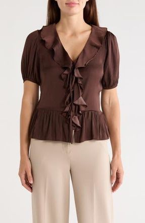 T Tahari Puff Sleeve Ruffle Peplum Top in Cocoa Bean at Nordstrom Rack, Size X-Large