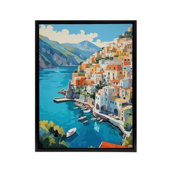 Artery8 Amalfi Coast Italy Coastal Landscape Framed Canvas Wall Art Print in Blue | Size: W24 x H32