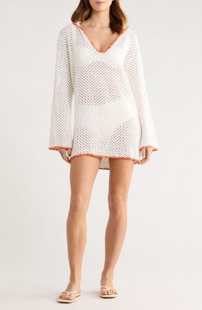 Elan Long Sleeve Sheer Open Stitch Cover-Up Dress in White at Nordstrom, Size X-Small