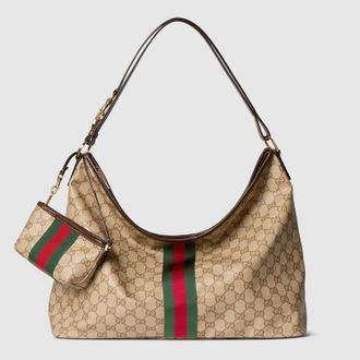 Gucci Large Shoulder Bag With Web, Beige, GG Canvas