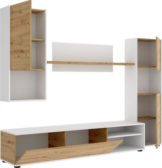 Dmora Parete Attrezzata Artex, Set Da Soggiorno Porta Tv, Mobile Salotto Multiuso, 220x41h180 Cm, Rovere Nodi E Bianco - Dmora