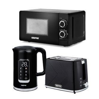 Geepas 1.7L Digital Electric Kettle 2 Slice Bread Toaster & 20L Solo Microwave Kitchen Combo Set in Black