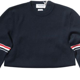 Thom Browne 4-Bar Loopback Crewneck Sweatshirt in Navy Cotton