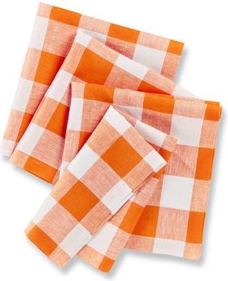 Solino Home Linen Dinner Napkins Set of 4, 20 x 20 Inch for Dining Table, Holiday and Everyday Table Decor - Buffalo Check in Pumpkin And White at