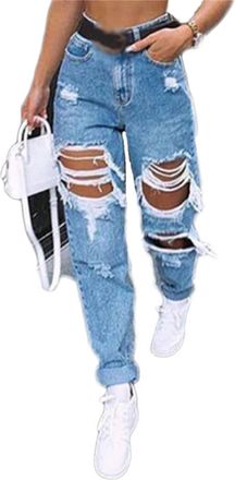 Generic Baggy Ripped Jeans for Women UK Women Boyfriends Jeans Casual Trousers Pants High Waist Baggy Denim Pants Wide Leg Straight Trousers Y2k E-Girl 90s St