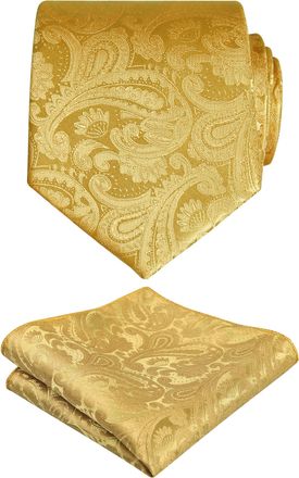 Alizeal Handmade Paisley Floral Tie with Pocket Square Set, Golden Olive