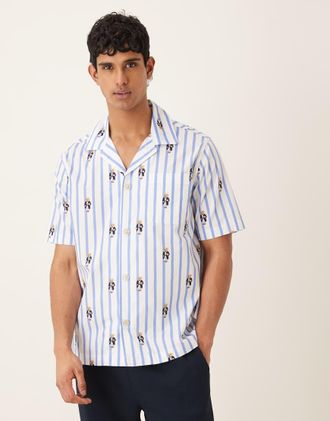 Polo Ralph Lauren Camicia del pigiama a righe blu con grafica Bear