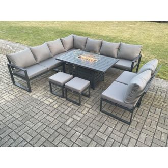 Fimous Aluminium 11 Seater Lounge Corner Sofa Outdoor Garden Furniture Sets Gas Fire Pit Dining Table Set with 2 Small Footstools Dark Grey - Fimous