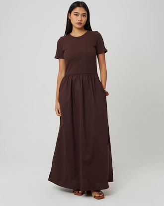 Brave Soul Vestito lungo girocollo in jersey e popeline color cioccolato-Marrone