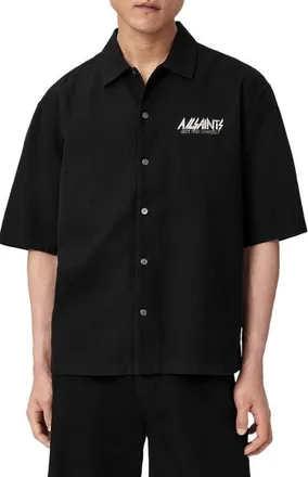 AllSaints Synth Short Sleeve Button-Up Shirt in Orca Black at Nordstrom, Size Xx-Large