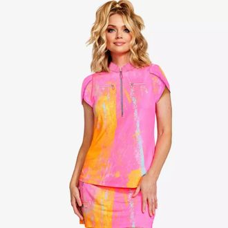Jamie Sadock Crayola Watercolor Polo Top Women Multi Short Sleeve Zip SRT601