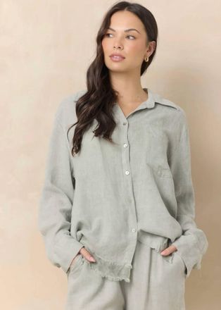 Vintage Havana Drapey Linen Button Down Top In Sage