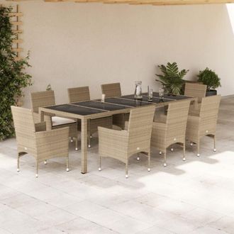 vidaXL Set Comedor Jard&iacute;n 9 Pzas Cojines Rat&aacute;n Sint&eacute;tico Vidrio Beige Vidaxl