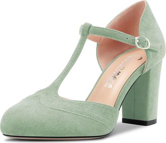 Castamere Women Chunky Block High Heel Round Toe Pumps Court Shoe T-Strap Buckle Wedding Office 8.5 CM Heels Light Green 5.5 UK