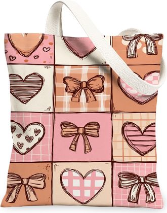 Generic Heart Pattern Canvas Tote Bags, Cute Bow Design Reusable Shopping Bags, Spring Floral Lightweight Washable Shoulder Strap C, Peach, 13x15 Inch