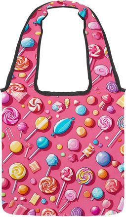 Generic Pink Candy Pattern Reversible Canvas Shoulder Tote - Double-Sided Print, 12oz Cotton, 27cm Drop, Fold-Flat Bag for Travel, Shopping, Street Outings