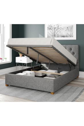 Aspire Home Accents Olivier Upholstered Ottoman Storage Bed, Saxon Twill Fabric in Grey | Size: Small Double