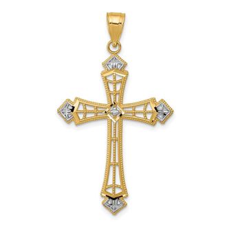 Diamond2Deal 14k Yellow Gold Rhodium Diamond-cut Cross Pendant