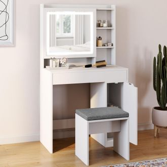 IDMarket Zelia Tocador Blanco Con Espejo Led, Almacenamiento, 1 Caj&oacute;n, 1 Unidad De Almacenamiento Y Taburete Tapizado