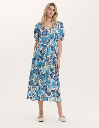 Finery Addison Floral Linen Blend Midi Dress in Blue Flower at Nordstrom, Size 10
