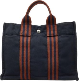 Herm&egrave;s Brown Navy Cotton Handbag Tote Bag (Pre-Owned)