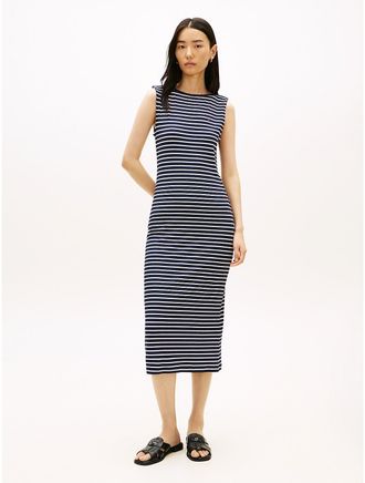 Tommy Hilfiger Womens Slim Fit Stripe Boatneck Midi Dress - Blue - XL