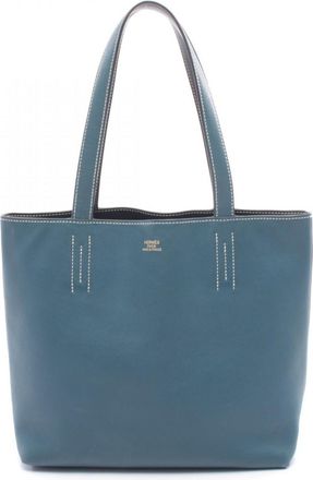 Herm&egrave;s Blue Navy Leather Handbag Tote Bag (Pre-Owned)