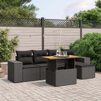 vidaXL Set De Sof&aacute;s De Jard&iacute;n 6 Piezas Y Cojines Rat&aacute;n Sint&eacute;tico Negro Vidaxl
