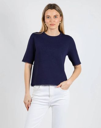 Elliott Lauren Fringe Elbow Sleeve Sweater In Navy