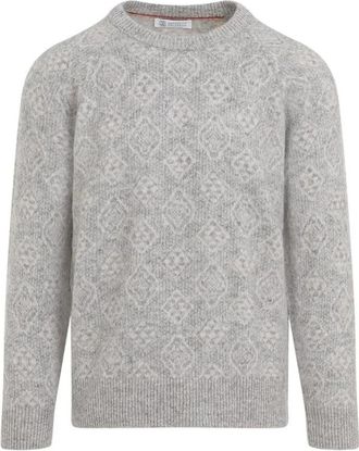Brunello Cucinelli Gebreide trui met geometrisch patroon - Heren - Ronde hals truien - Grijs - 2XL - Truien & Vesten