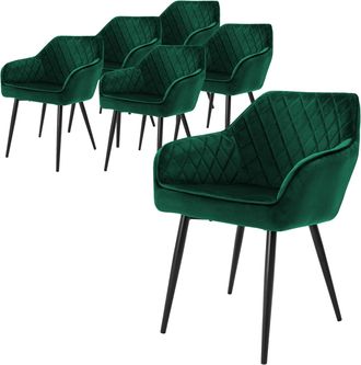 ML Design Ml-design Set 6x Sillas De Comedor Verde Oscuro Estilo Moderno Asiento Tapizado De Terciopelo Patas De Metal Negras Con Respaldo Y Apoyabrazos Sill&oacute;n 