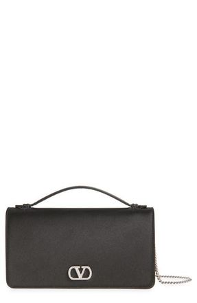 Valentino Garavani VLOGO Chain Strap Satin Wallet in Black/Crystal at Nordstrom