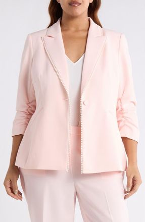 Tahari by ASL Faux Pearl Detail Ruched Sleeve Blazer in Tea Rose at Nordstrom, Size 20W